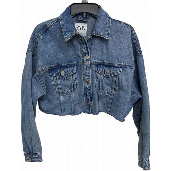 Zara Women's Cropped Raw Hem Light Wash Denim Jacket Size Med - Picture 2 of 2